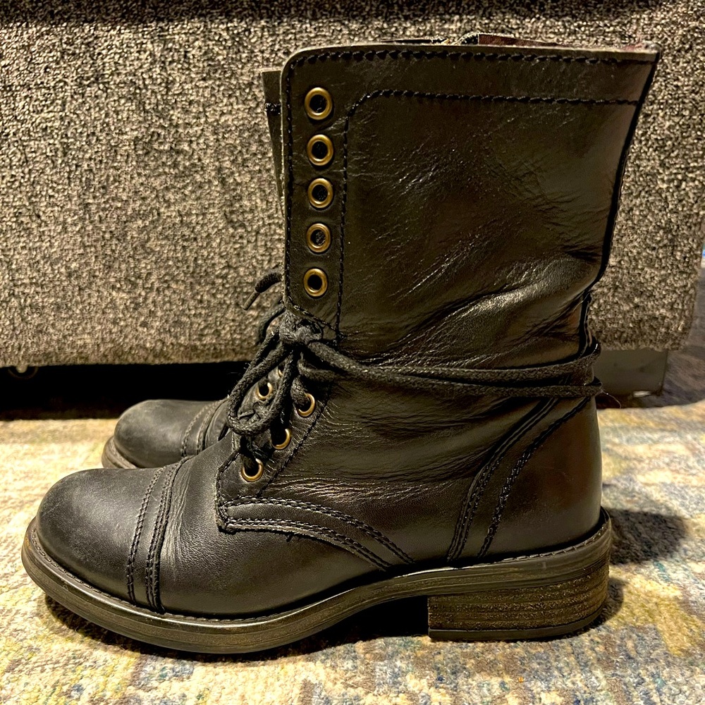 Steve Madden Black Leather Troopa Combat Boots with two lacing style options